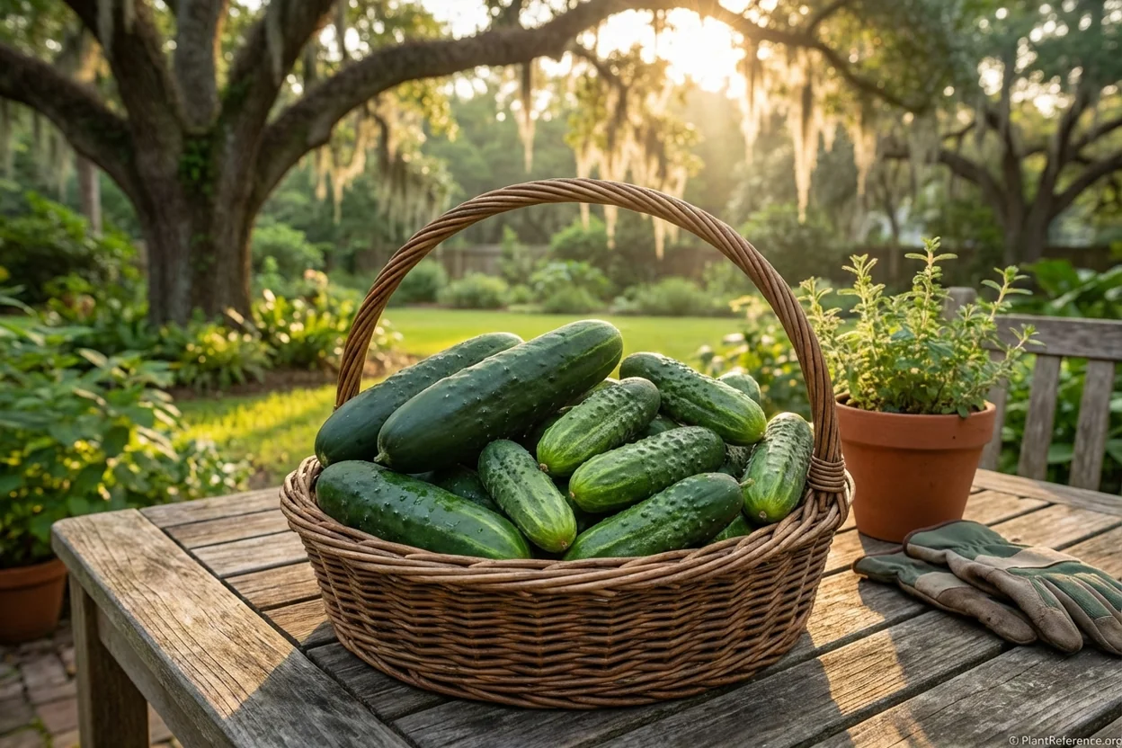 Fresh cucumbers from Houston Zone 9a garden in harvest basket
