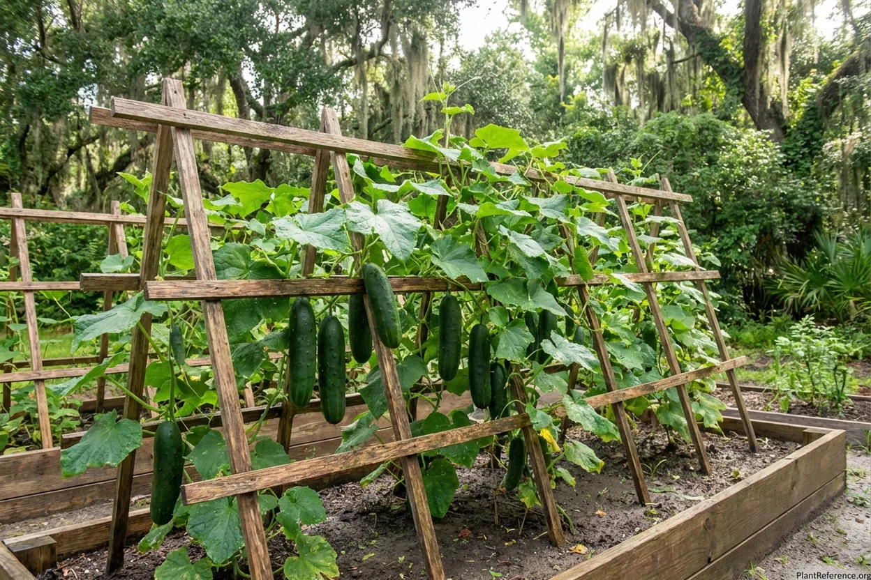 Marketmore 76 cucumbers growing in Houston Zone 9a raised bed garden