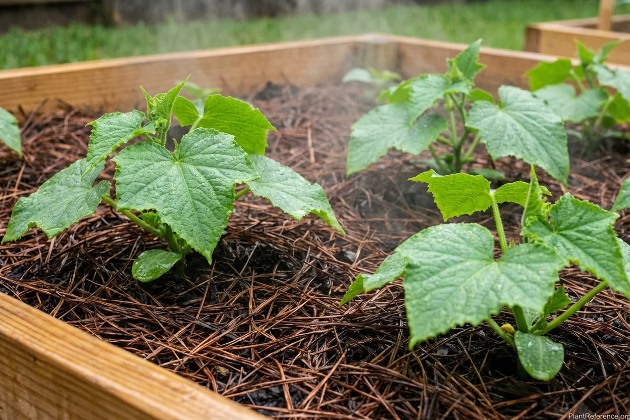 Pine straw mulch preventing clay splash on cucumbers after Houston rain