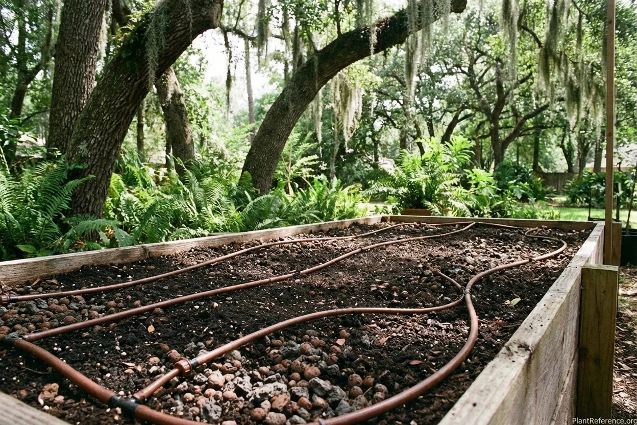 Raised bed with expanded shale and compost for cucumber drainage in Houston clay garden