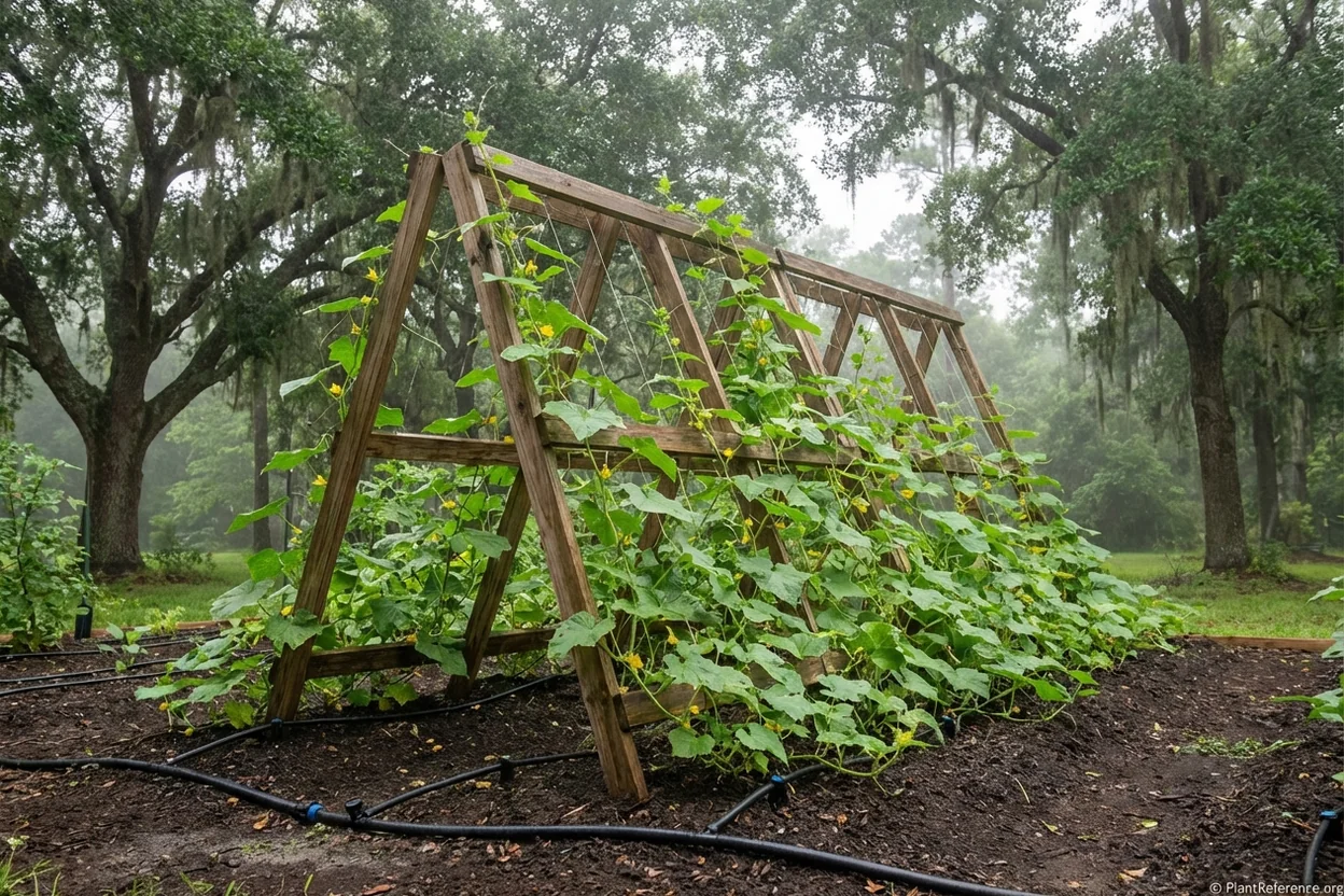 Cucumber trellis with wide plant spacing for airflow in humid Houston garden