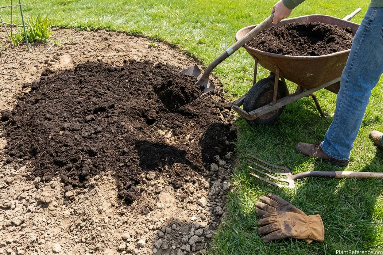 Adding compost to Indianapolis clay soil to improve drainage for cucumber growing