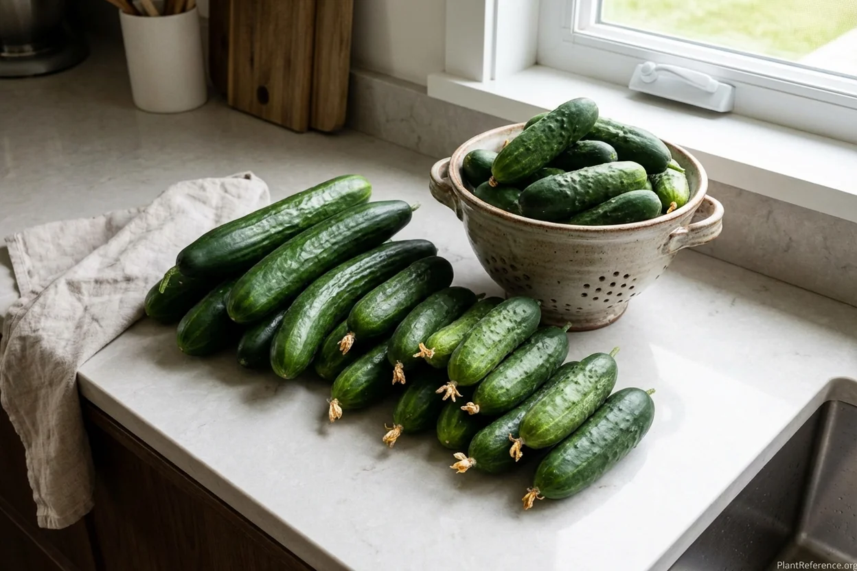 Fresh cucumbers harvested from Indianapolis Zone 5b garden on kitchen counter