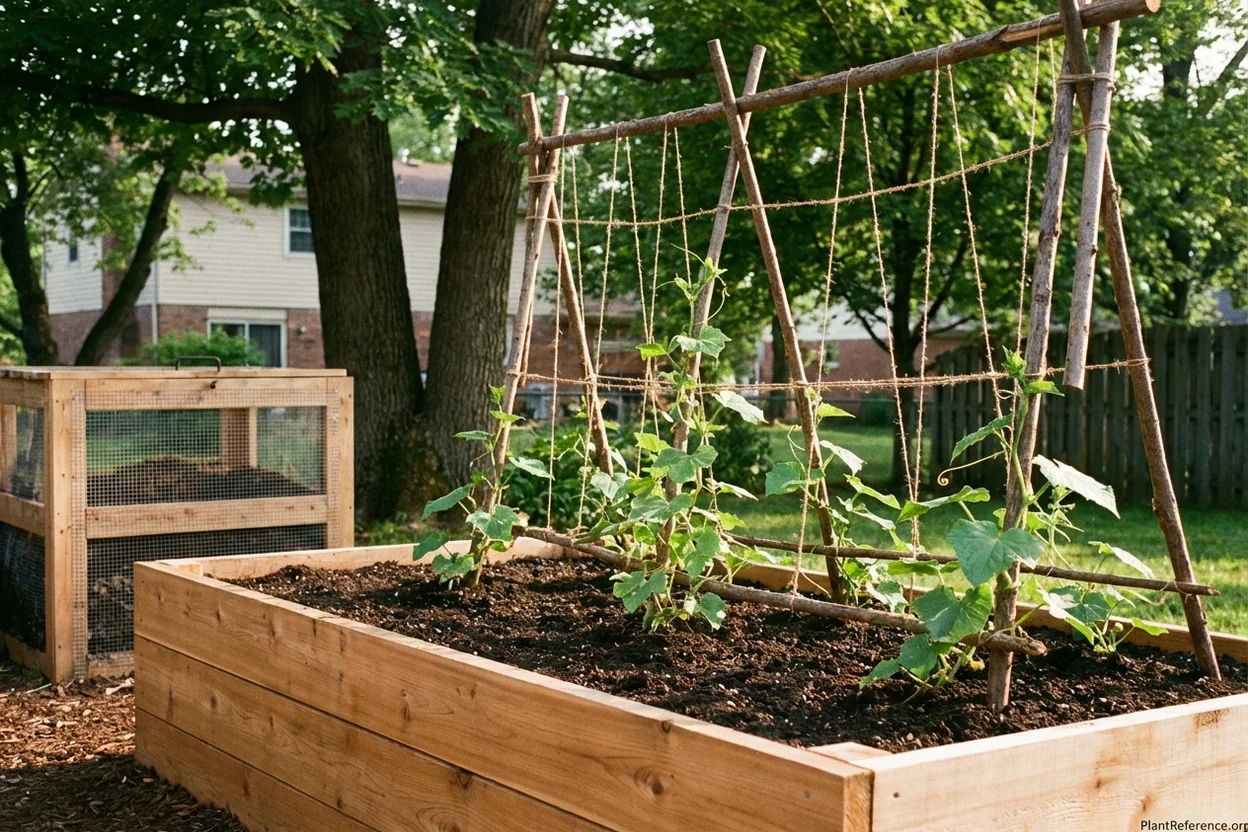 Raised bed with amended soil and cucumber trellis in Indianapolis Zone 5b garden