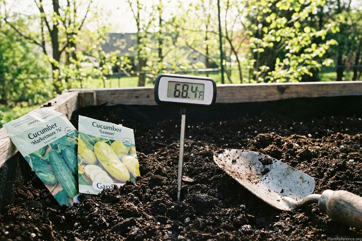 Digital soil thermometer in Indianapolis garden bed checking temperature for cucumber planting