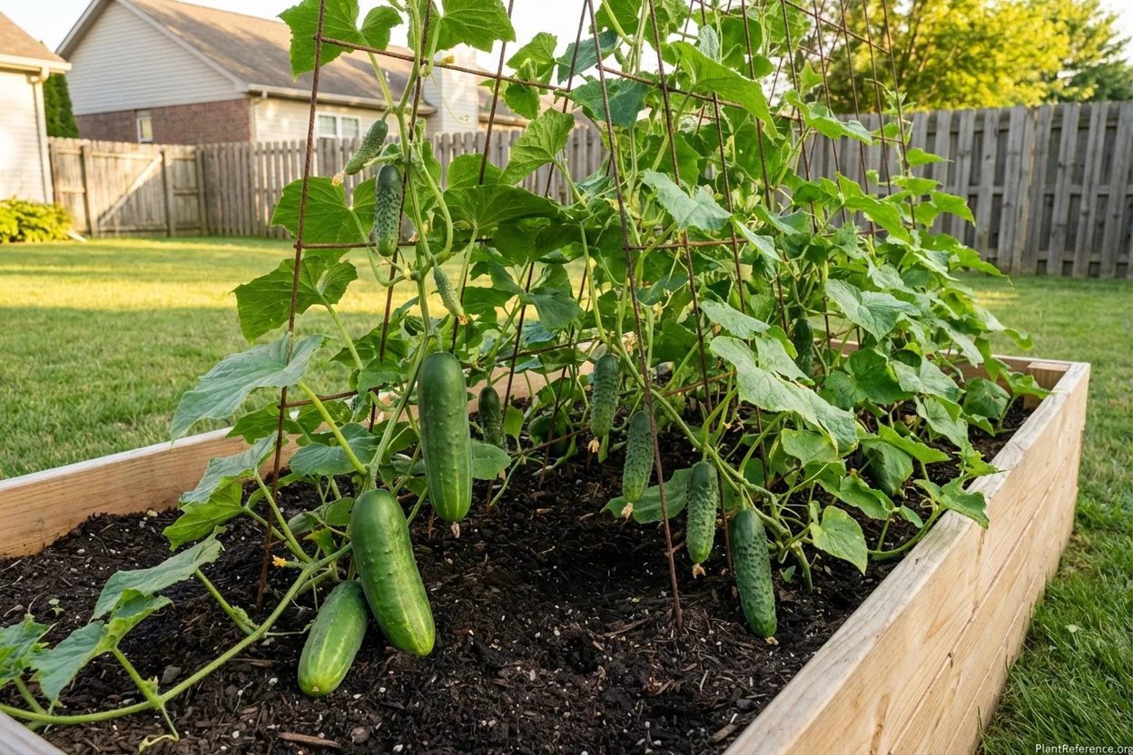 Multiple cucumber varieties growing in raised bed in Indianapolis Zone 5b garden