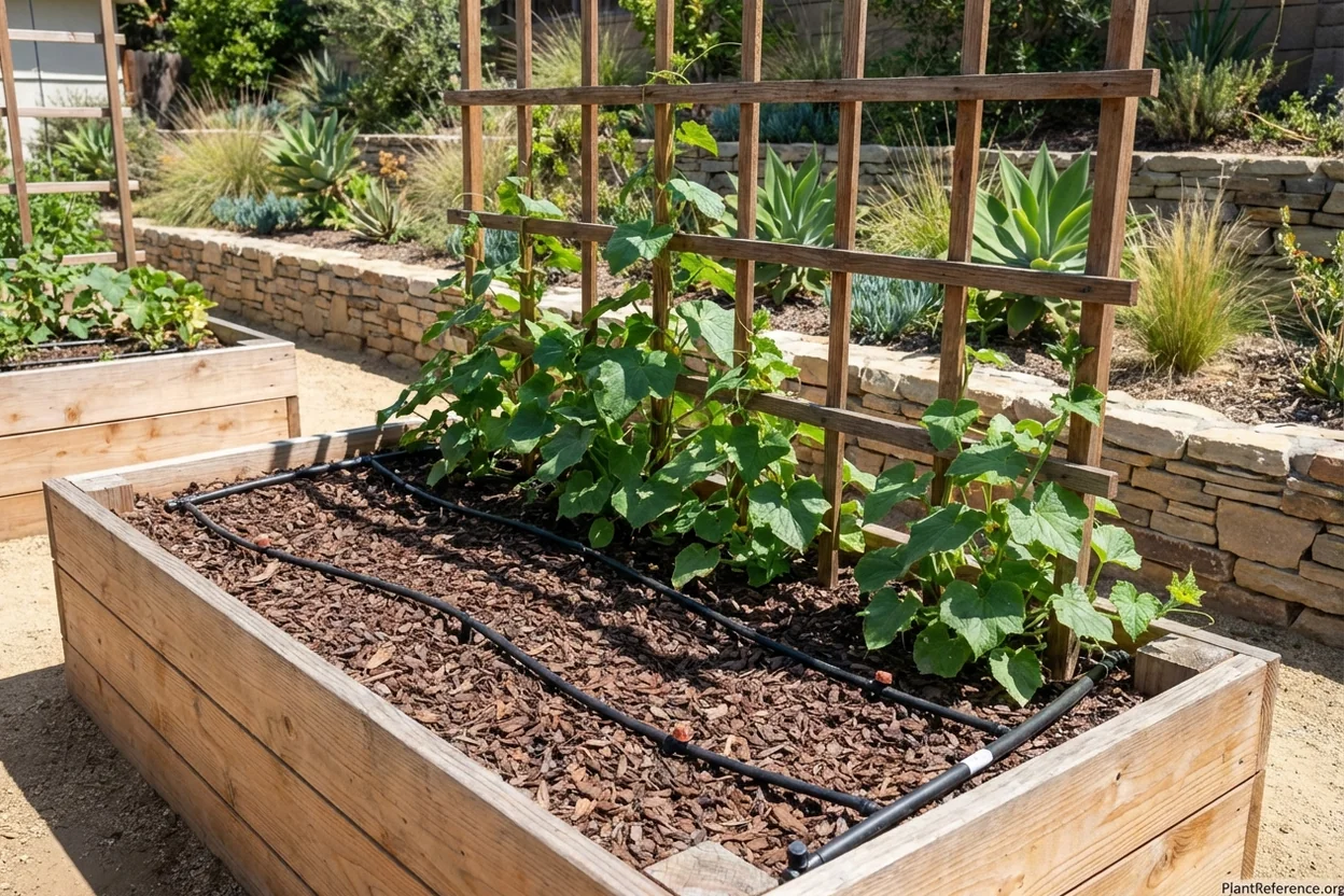 Drip irrigation system with mulch in Los Angeles Zone 10b cucumber garden