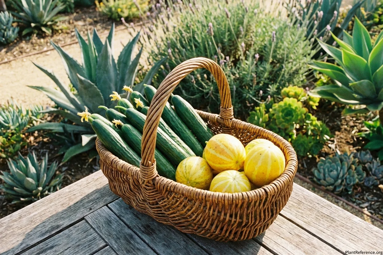 Fresh cucumbers from Los Angeles Zone 10b garden in harvest basket