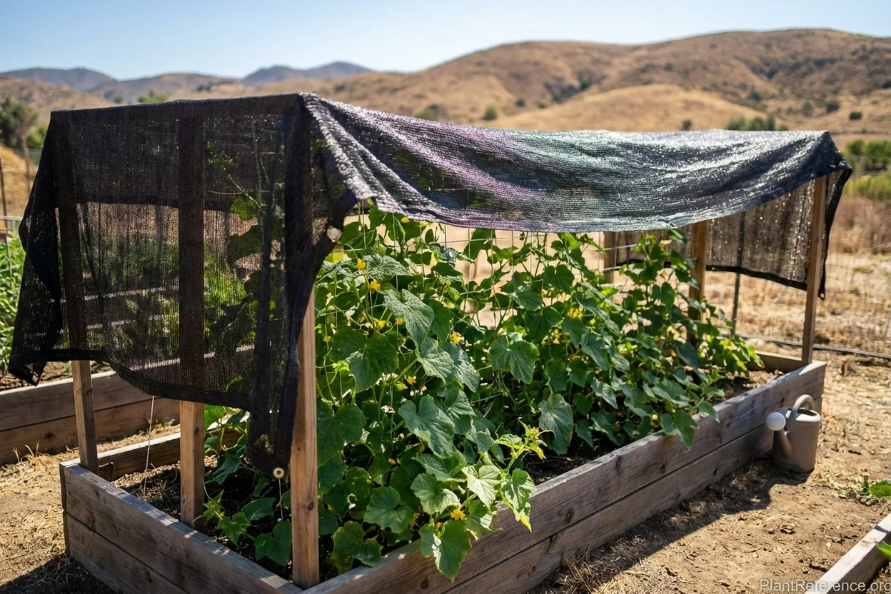 Shade cloth protecting cucumbers in Los Angeles inland valley garden during summer heat