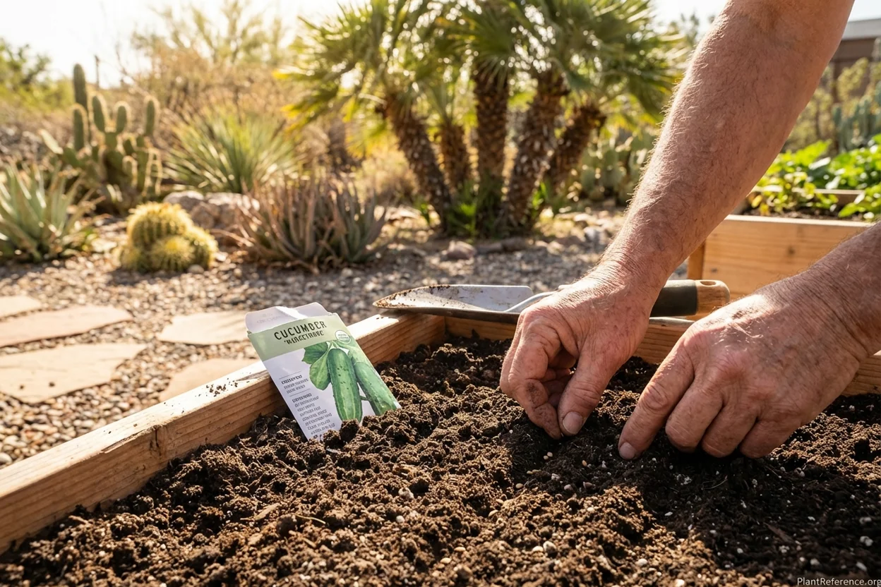 Planting cucumber seeds in raised bed in Los Angeles garden in March