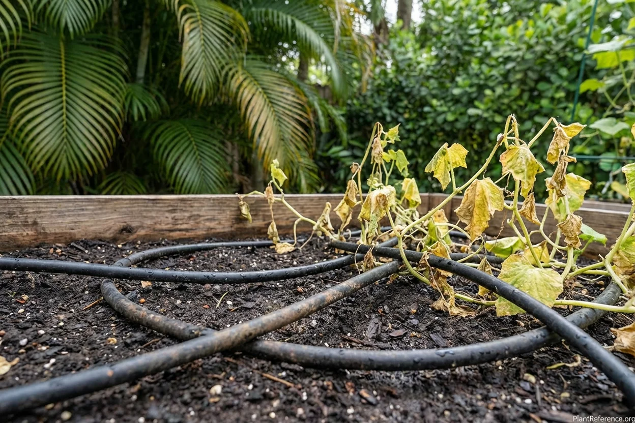 Drip irrigation keeping foliage dry on cucumbers in humid Miami garden