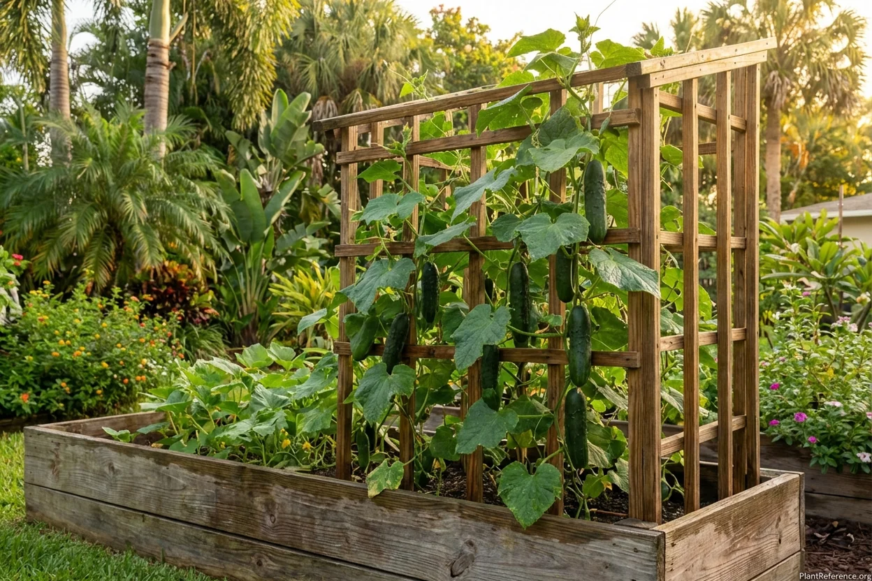 Marketmore 76 cucumbers growing in raised bed in Miami Zone 10b tropical garden