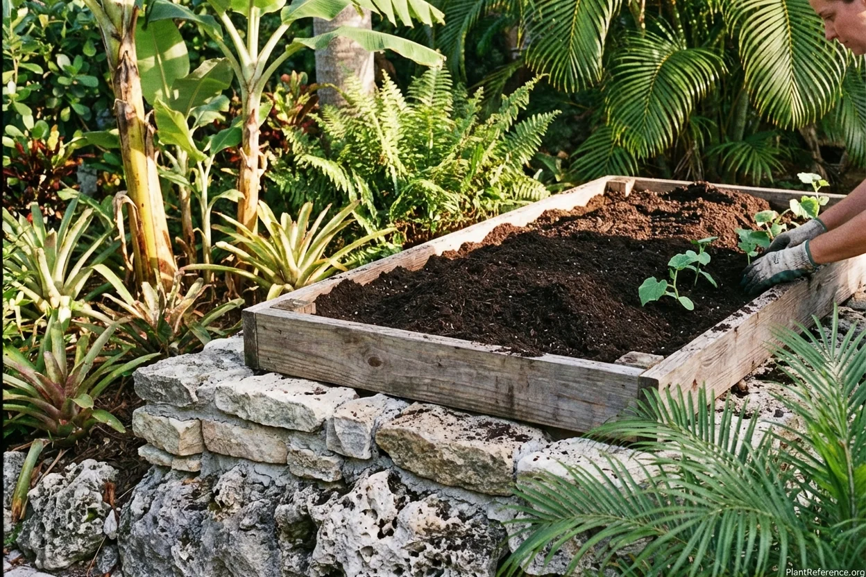 Raised bed built on Miami limestone for cucumber growing in tropical garden