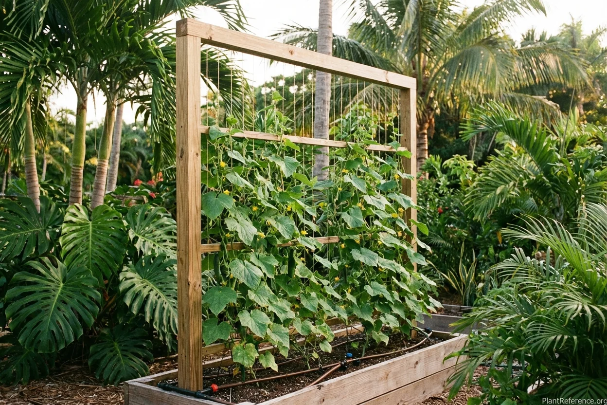 Cucumber trellis with wide spacing for airflow in Miami Zone 10b tropical garden