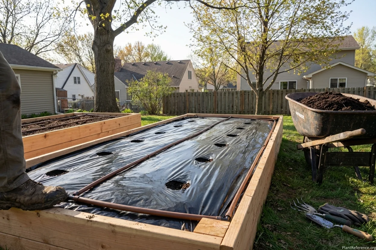Black plastic mulch cucumber bed preparation in Minneapolis Zone 4a garden