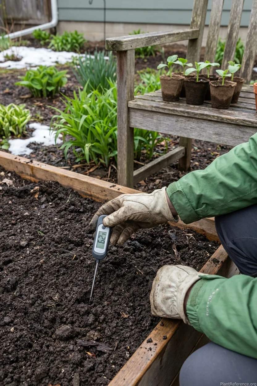 Checking soil temperature for cucumber transplanting in Minneapolis Zone 4a garden