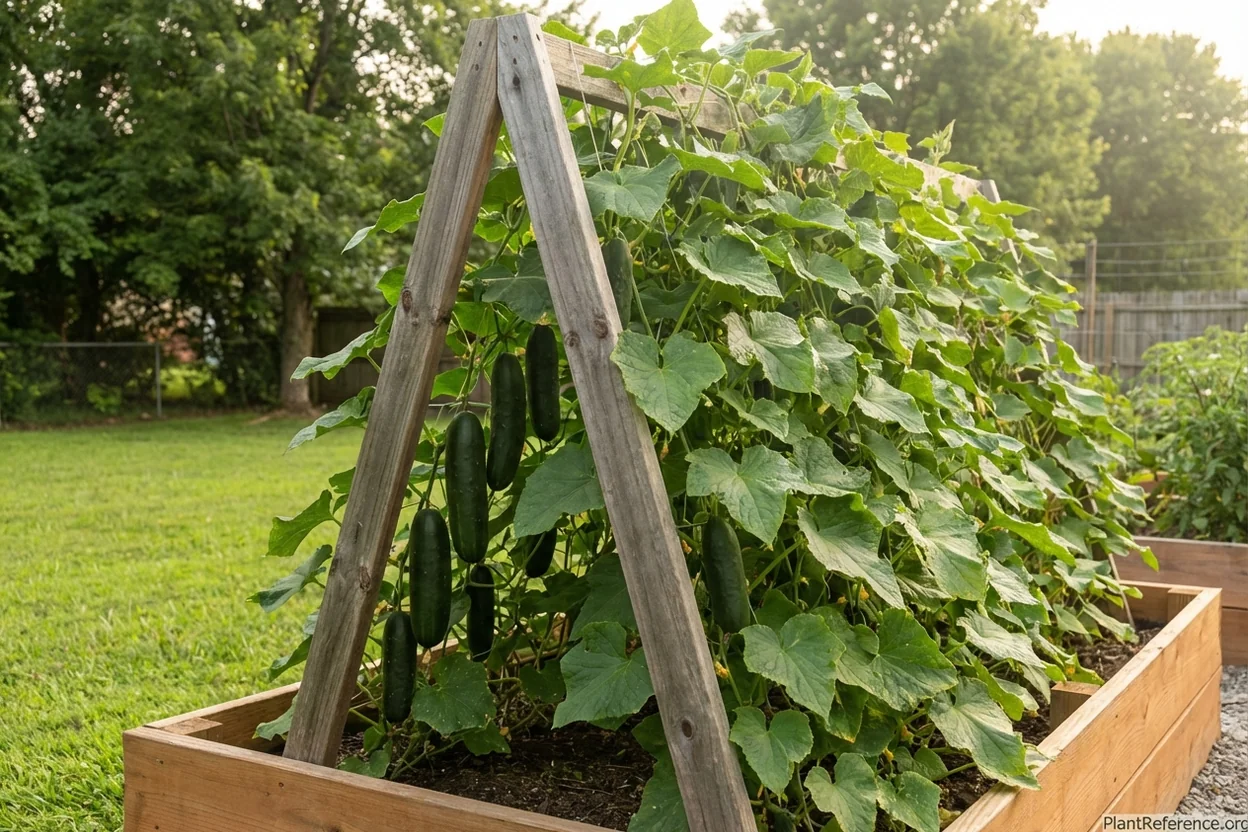 Dark green Marketmore 76 cucumbers on trellis in Nashville Zone 7a garden