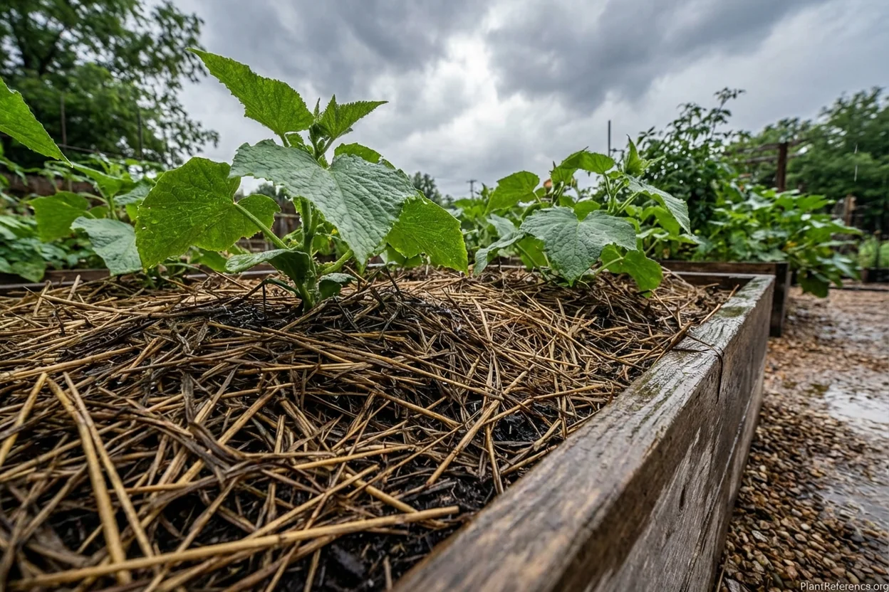 Straw mulch preventing soil splash on cucumber plants after Nashville thunderstorm