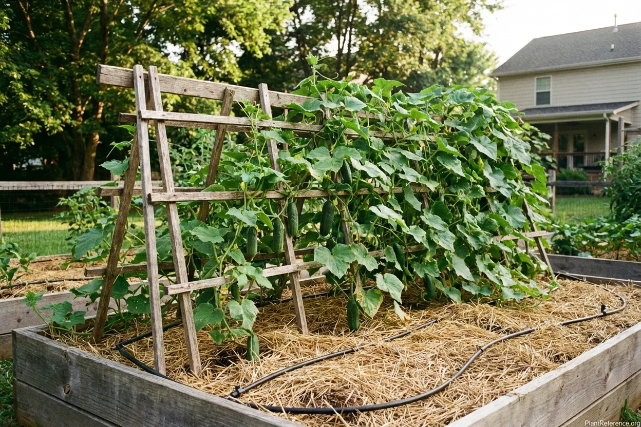 Raised bed cucumber trellis with drip irrigation in Nashville Zone 7a garden