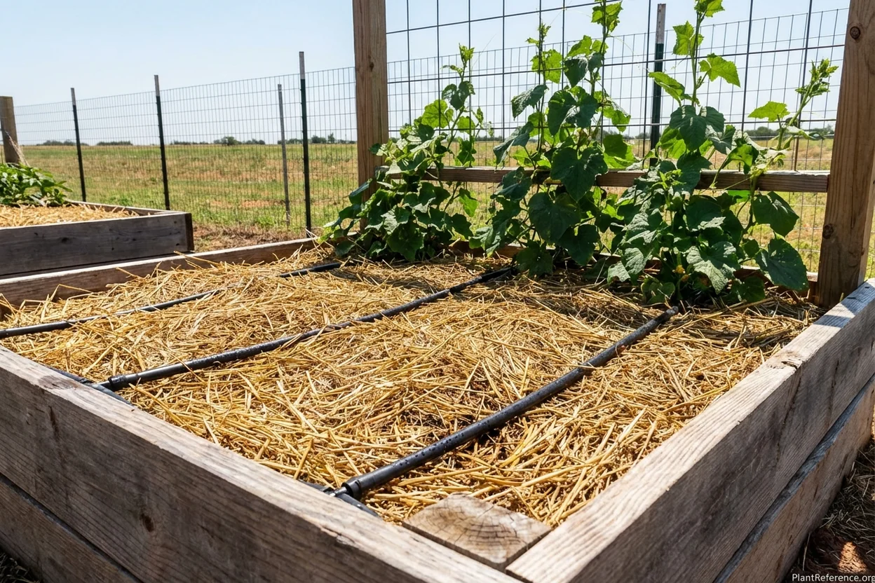 Heavy mulch and drip irrigation on cucumber bed in Oklahoma City Zone 7a garden