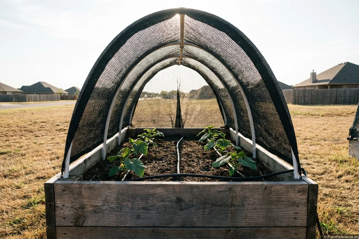 Shade cloth over cucumber transplants in Oklahoma City garden during August heat