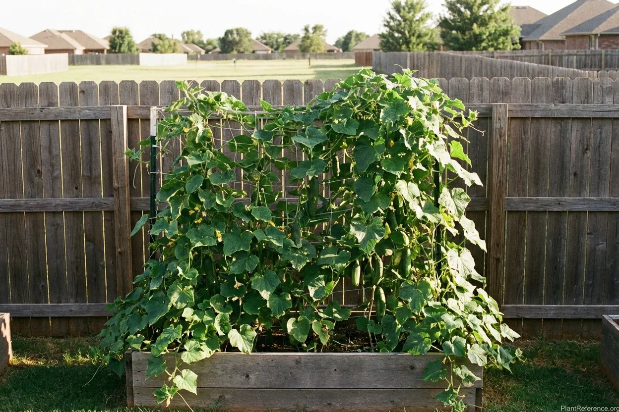 Raised bed cucumber garden behind fence windbreak in Oklahoma City