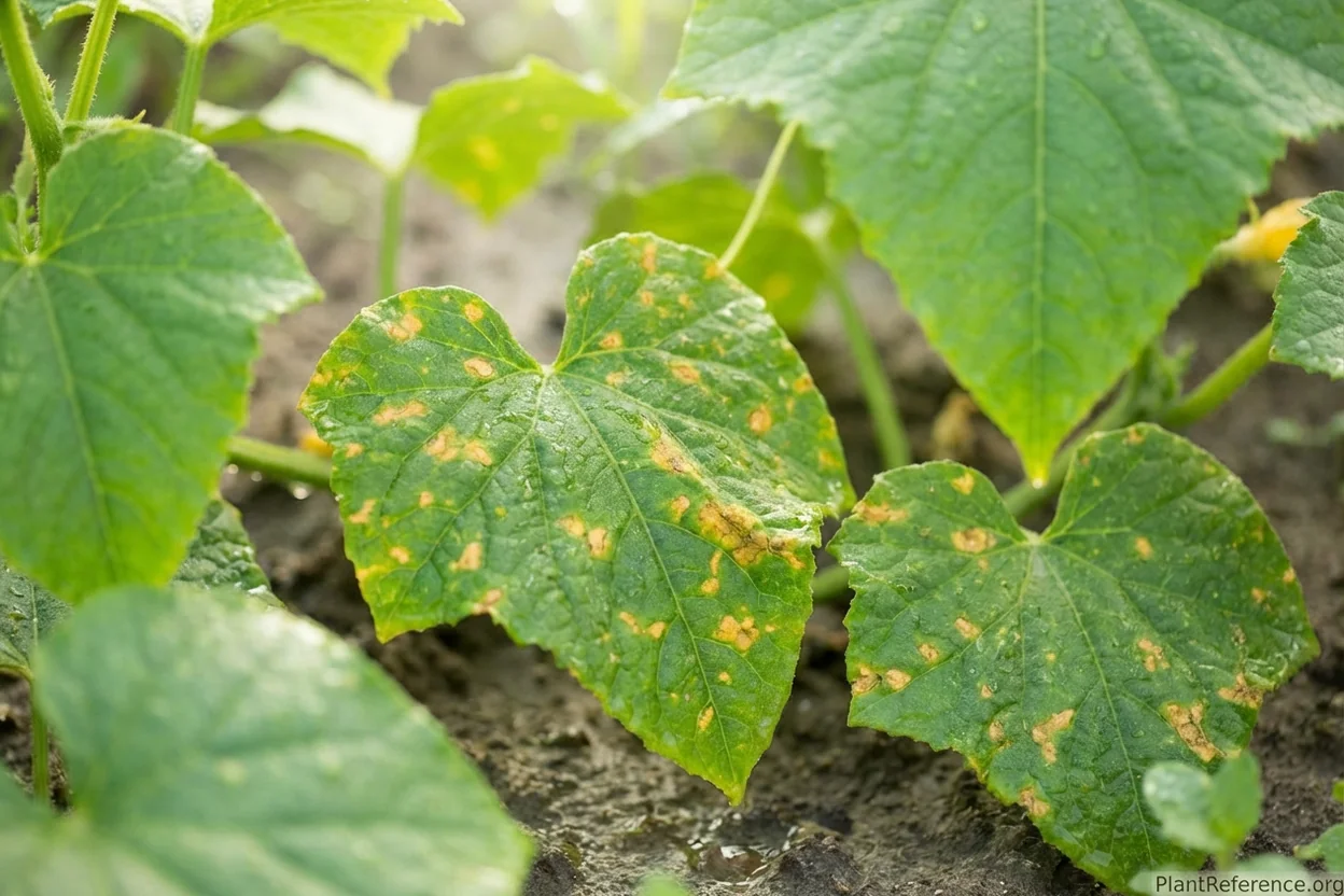 Angular yellow spots of downy mildew on cucumber leaf in humid Philadelphia garden