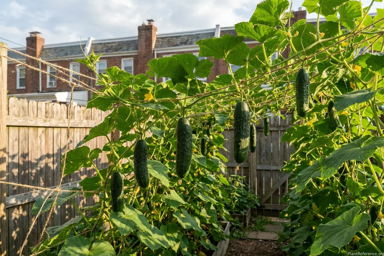 Dark green Marketmore 76 cucumbers on vertical trellis in Philadelphia Zone 7a garden
