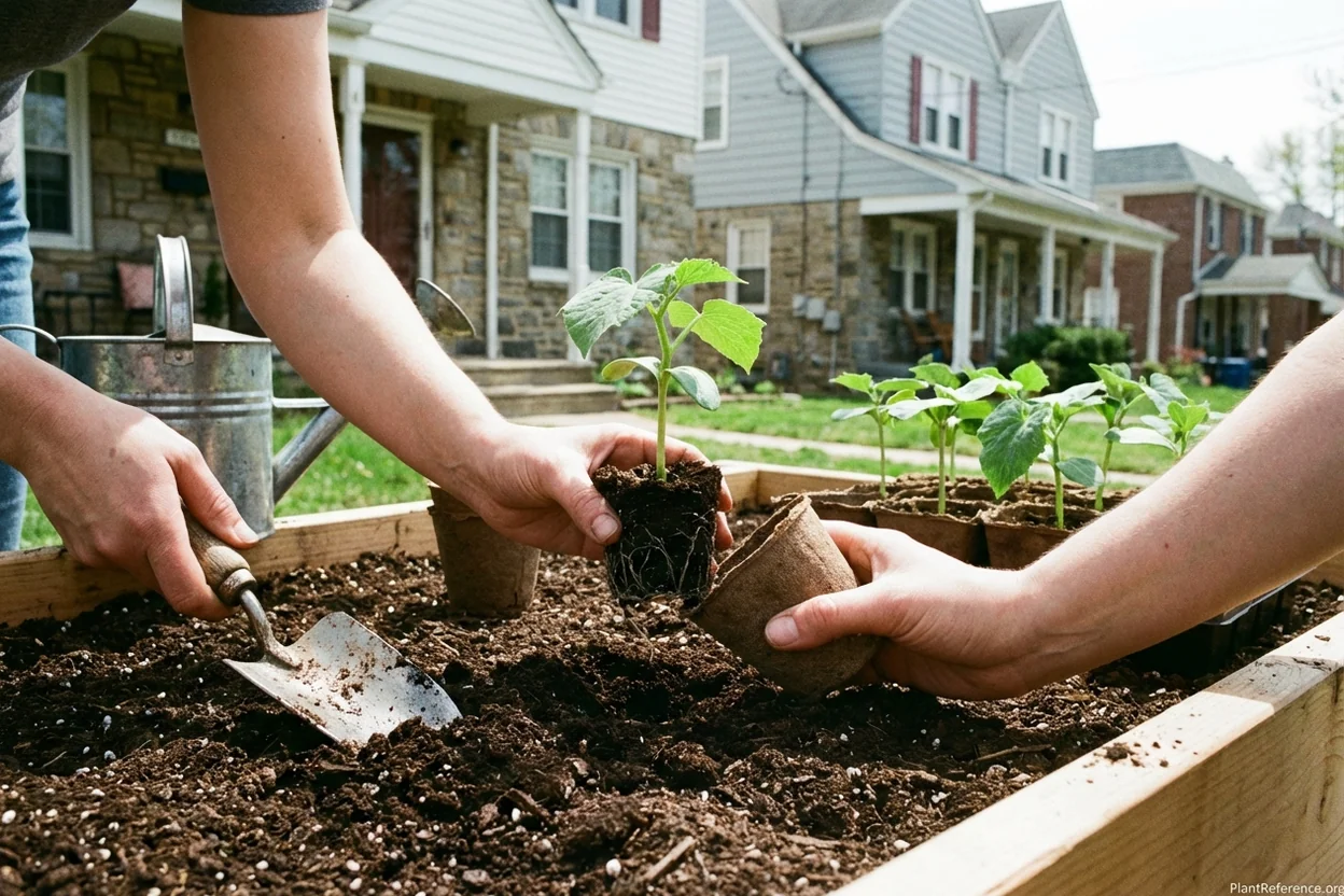 Transplanting cucumber seedlings into raised bed garden in Philadelphia spring