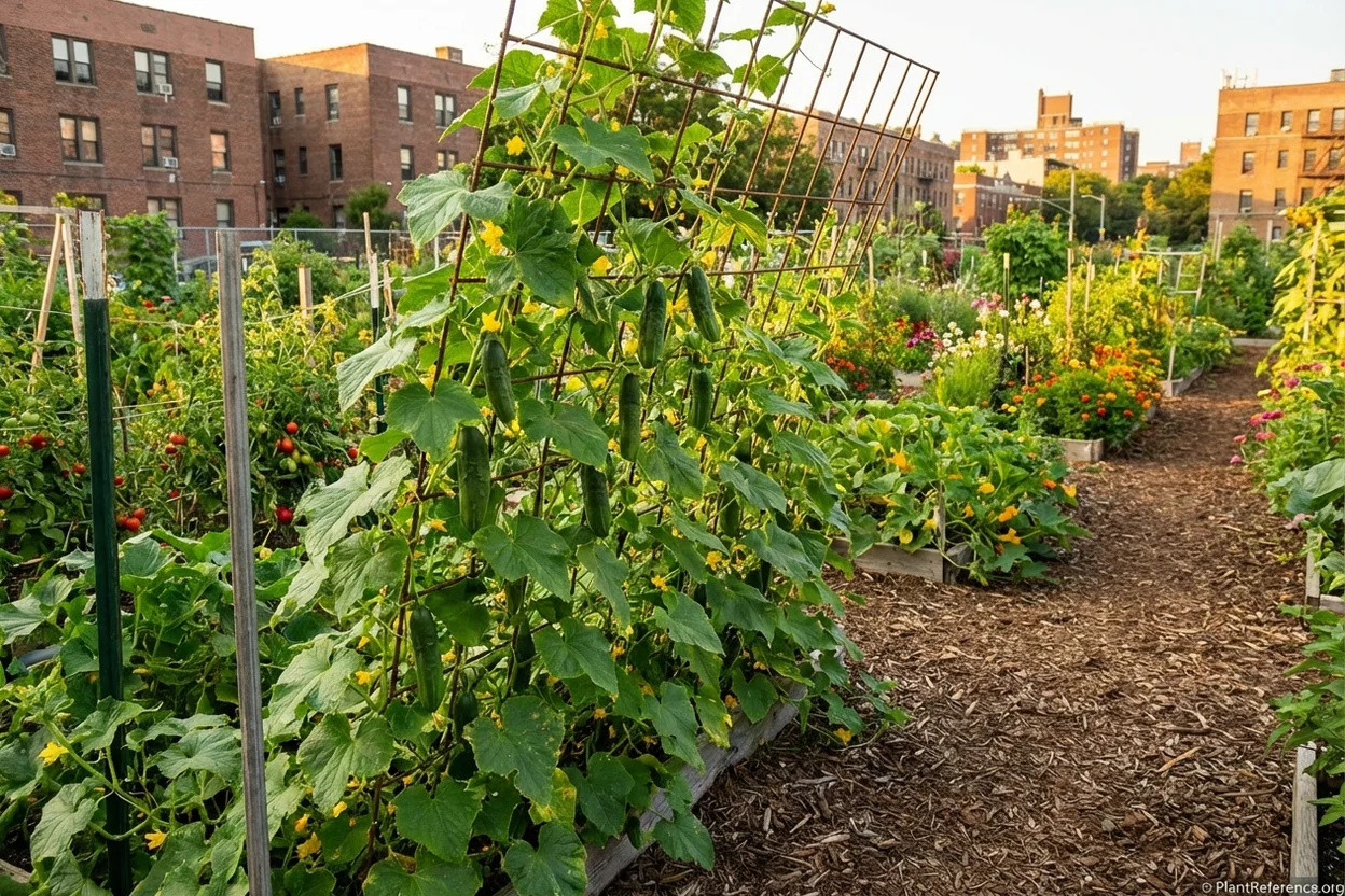 Cucumber vines growing on vertical trellis in Philadelphia community garden plot