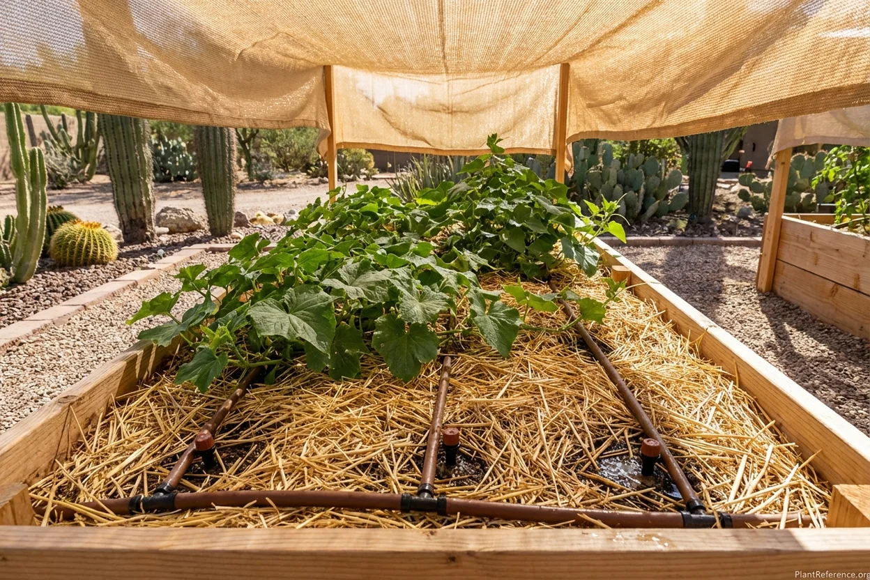 Drip irrigation system with thick mulch protecting cucumbers in Phoenix desert garden