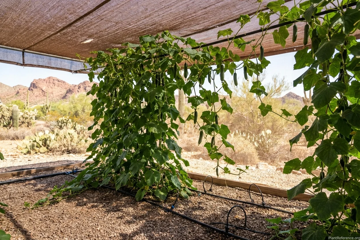 Persian cucumbers growing under shade cloth in Phoenix Zone 9b desert garden
