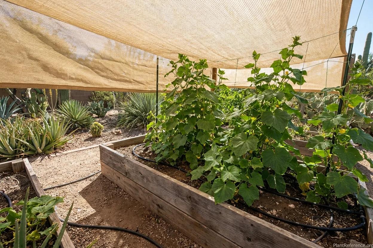 Fifty percent shade cloth over raised bed cucumber garden in Phoenix desert