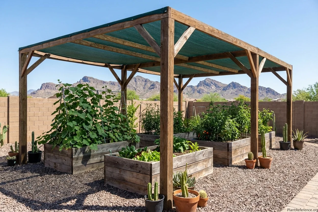 Permanent shade structure over raised bed garden for Phoenix Zone 9b vegetable growing
