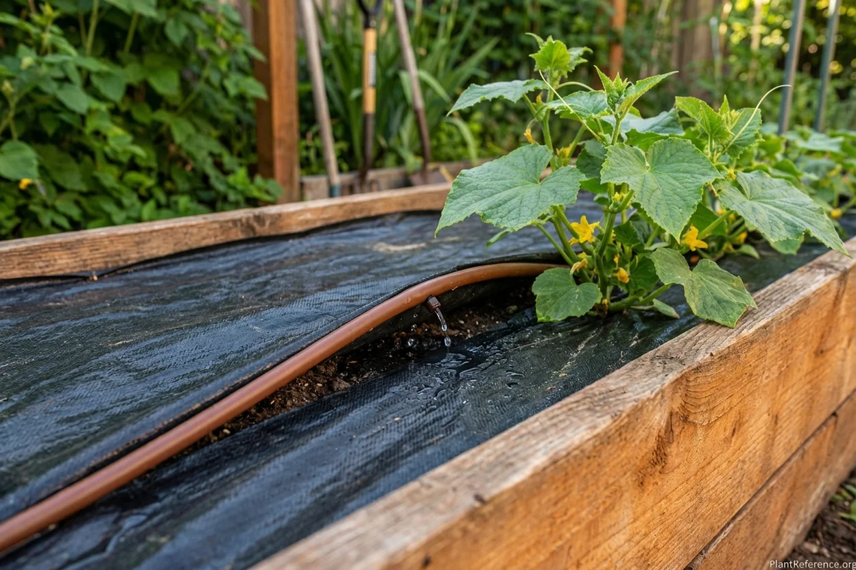Drip irrigation system under black plastic mulch in Portland Zone 8b cucumber bed