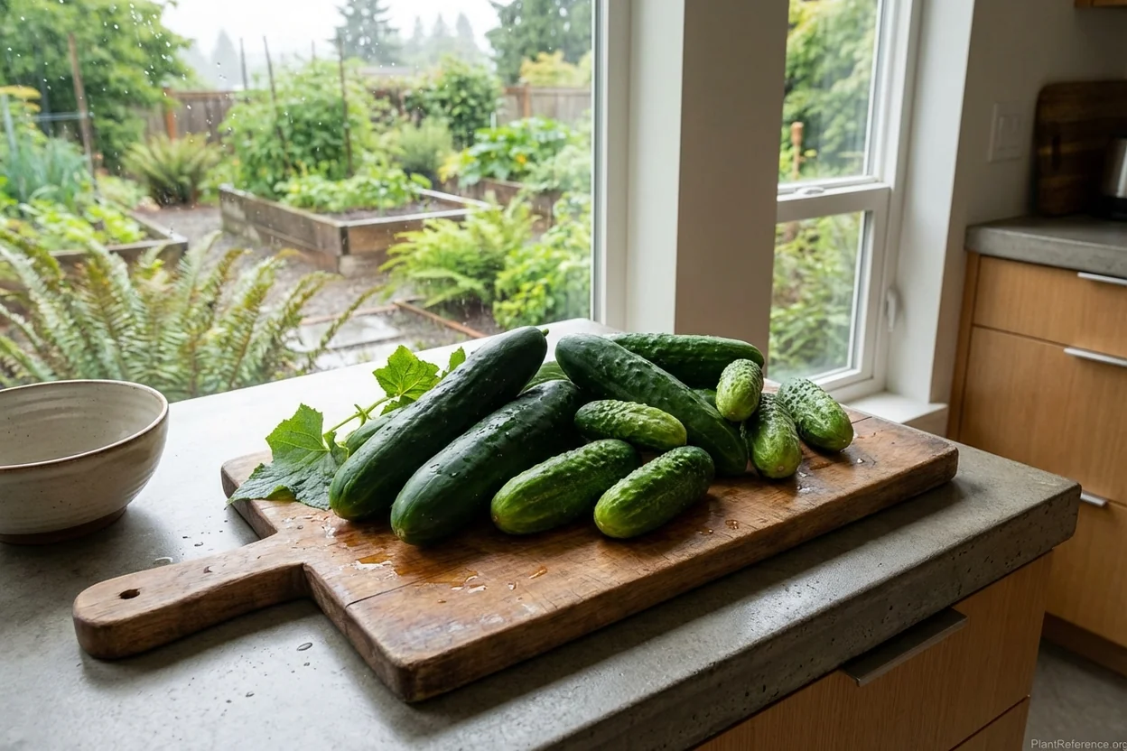 Fresh cucumbers from Portland Zone 8b garden on kitchen cutting board