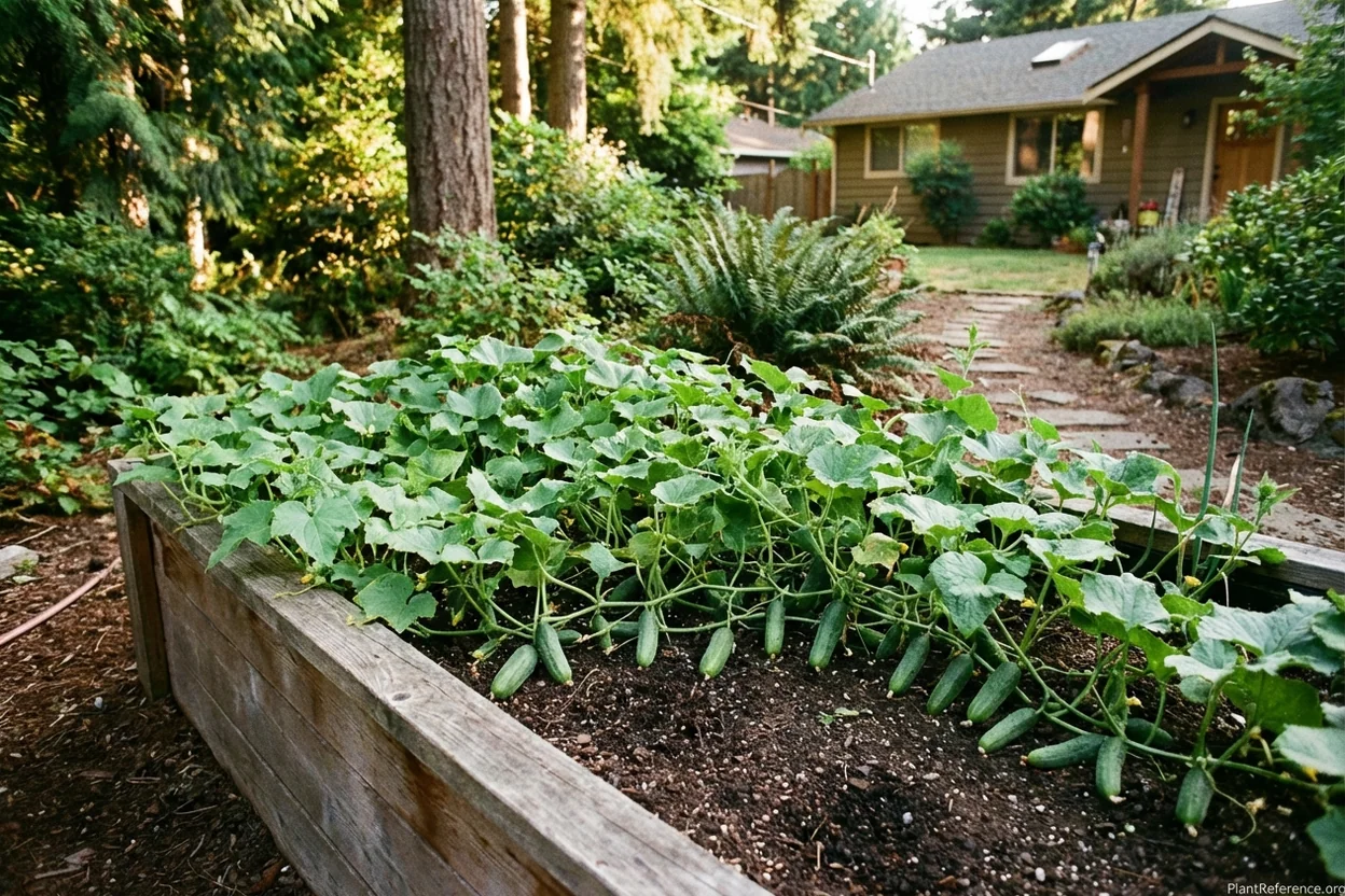 Persian cucumbers growing on compact vines in Portland Zone 8b raised bed