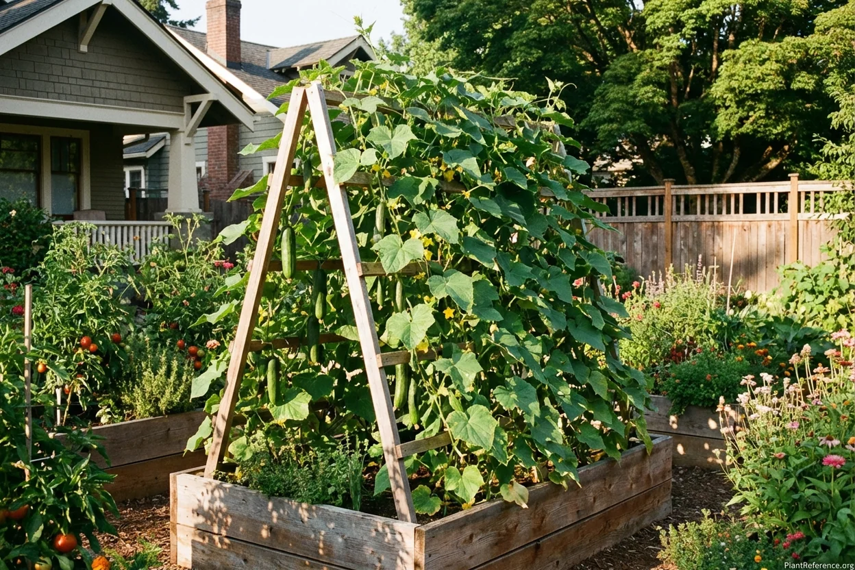 South-facing cucumber trellis in Portland Zone 8b raised bed garden