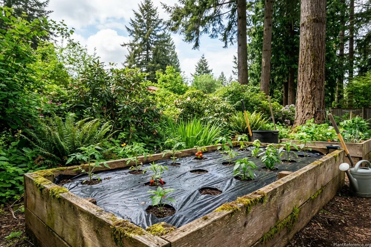 Black plastic mulch pre-warming raised bed soil for cucumber planting in Portland garden