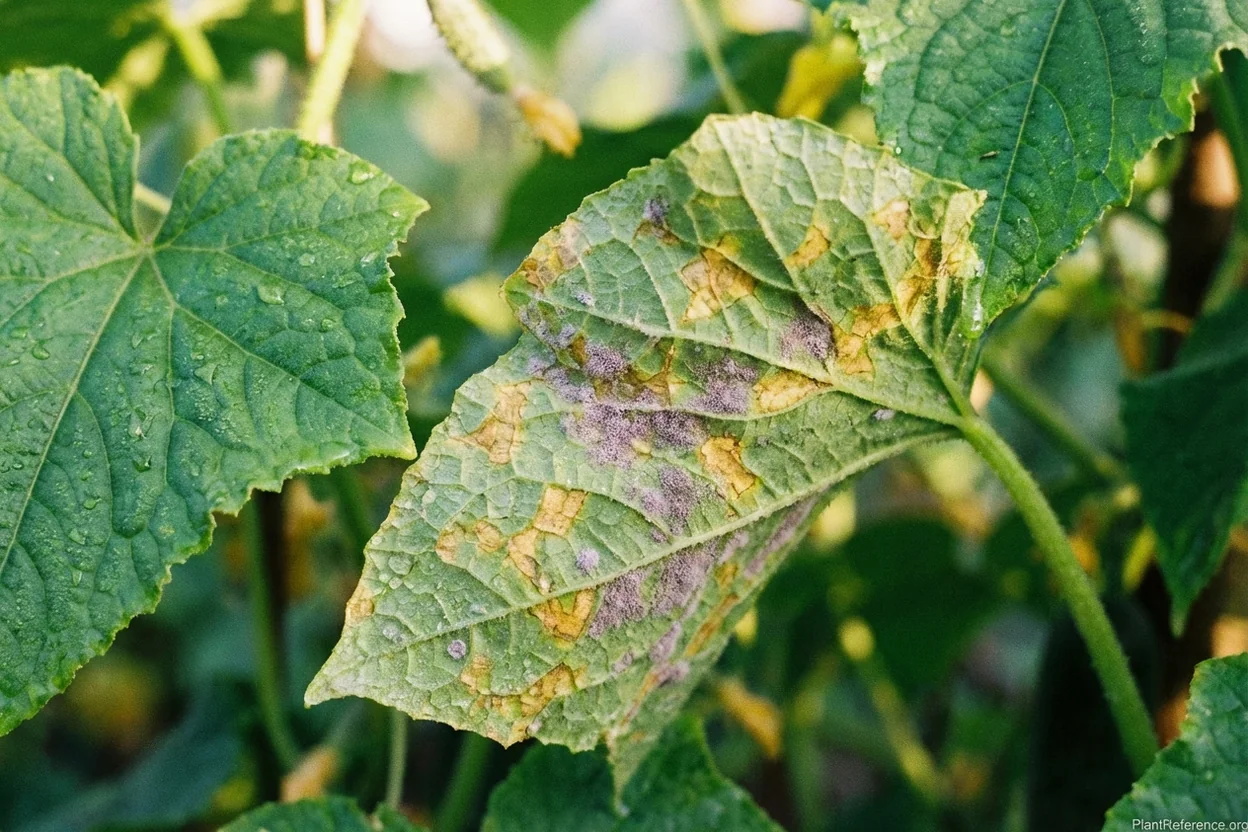 Angular yellow spots of downy mildew on cucumber leaf in humid Raleigh Piedmont garden