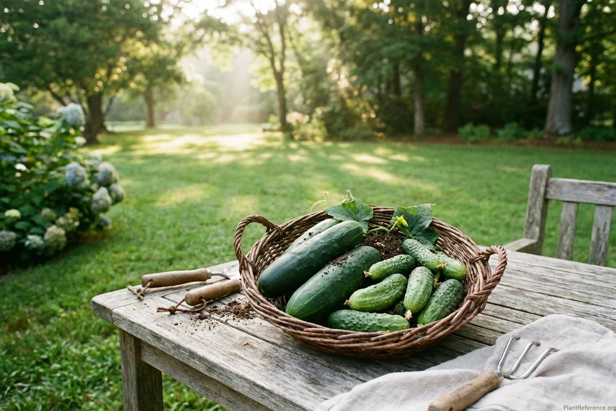 Fresh cucumbers harvested from Raleigh Zone 7b garden in morning light