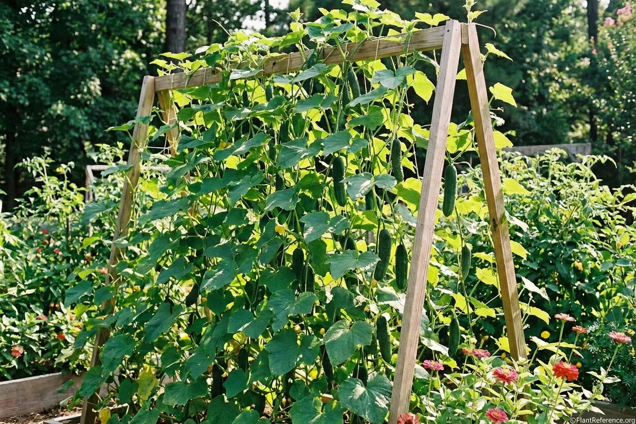 Cucumber trellis in Raleigh Zone 7b garden providing air circulation for disease prevention