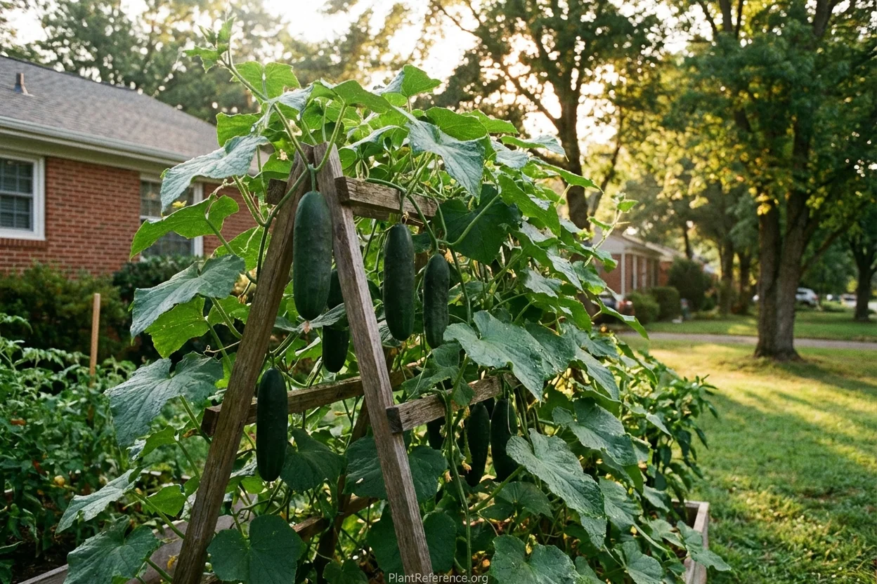 Dark green Marketmore 76 cucumbers growing on trellis in Richmond Zone 7b garden