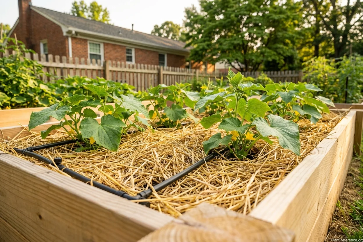 Straw mulch preventing soil splash on cucumbers in Richmond Zone 7b garden