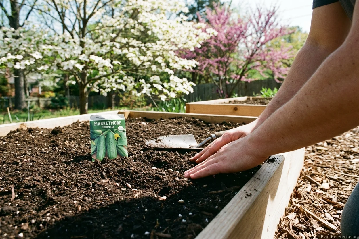 Planting cucumber seeds in raised bed in Richmond Zone 7b garden in spring