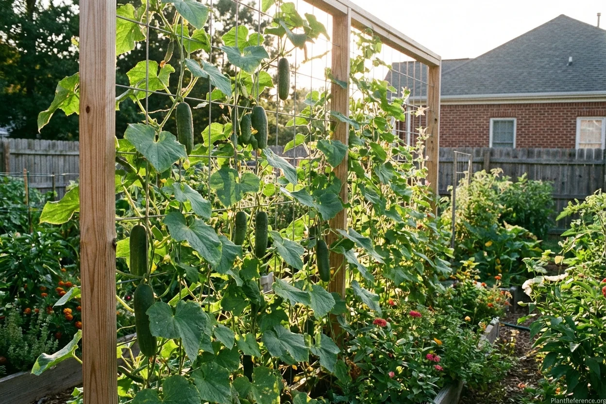 Cucumber trellis providing airflow for disease prevention in Richmond Zone 7b garden