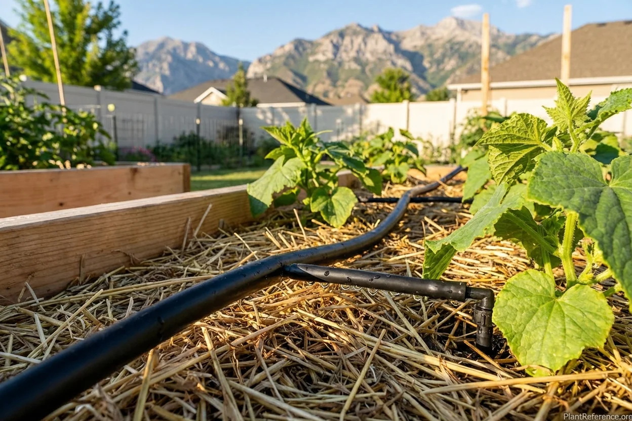 Drip irrigation system in Salt Lake City raised bed garden for water-efficient cucumber growing