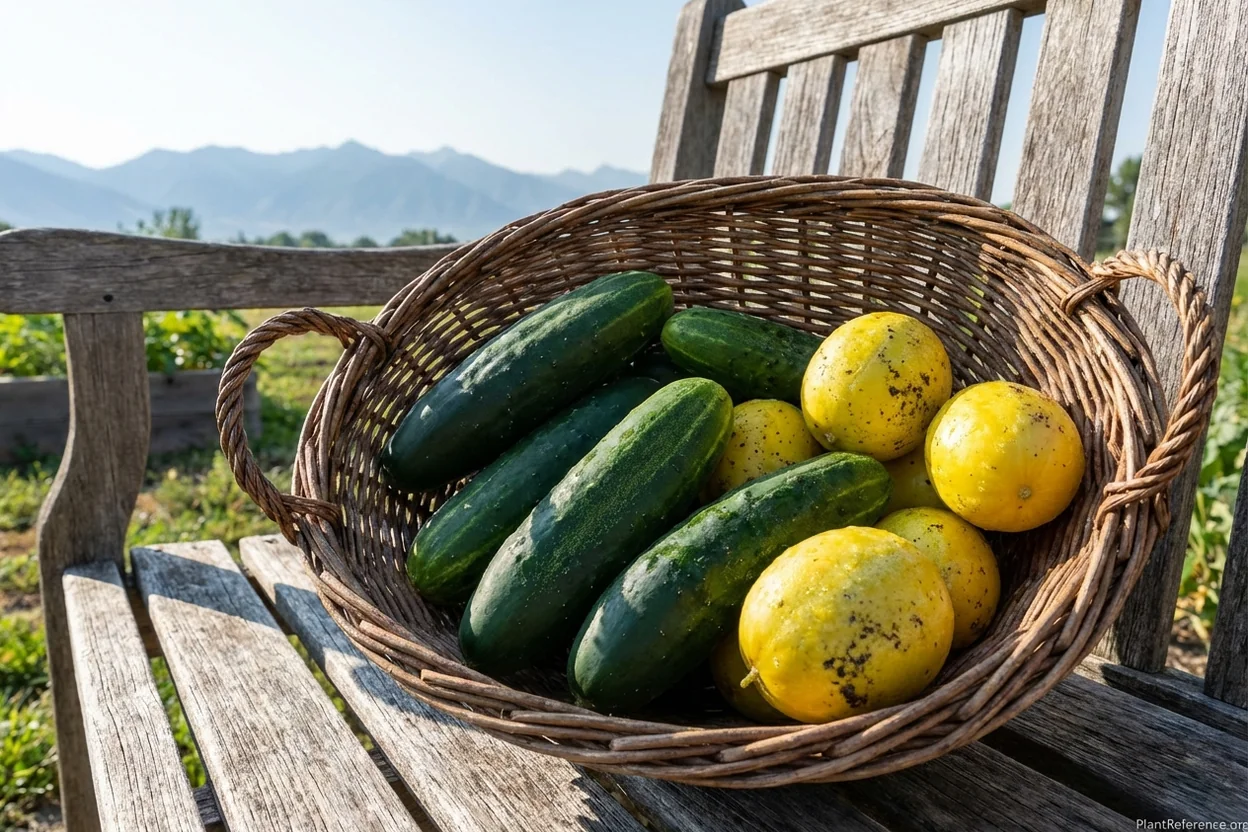 Fresh cucumbers from Salt Lake City Zone 7a garden with Wasatch Mountain backdrop