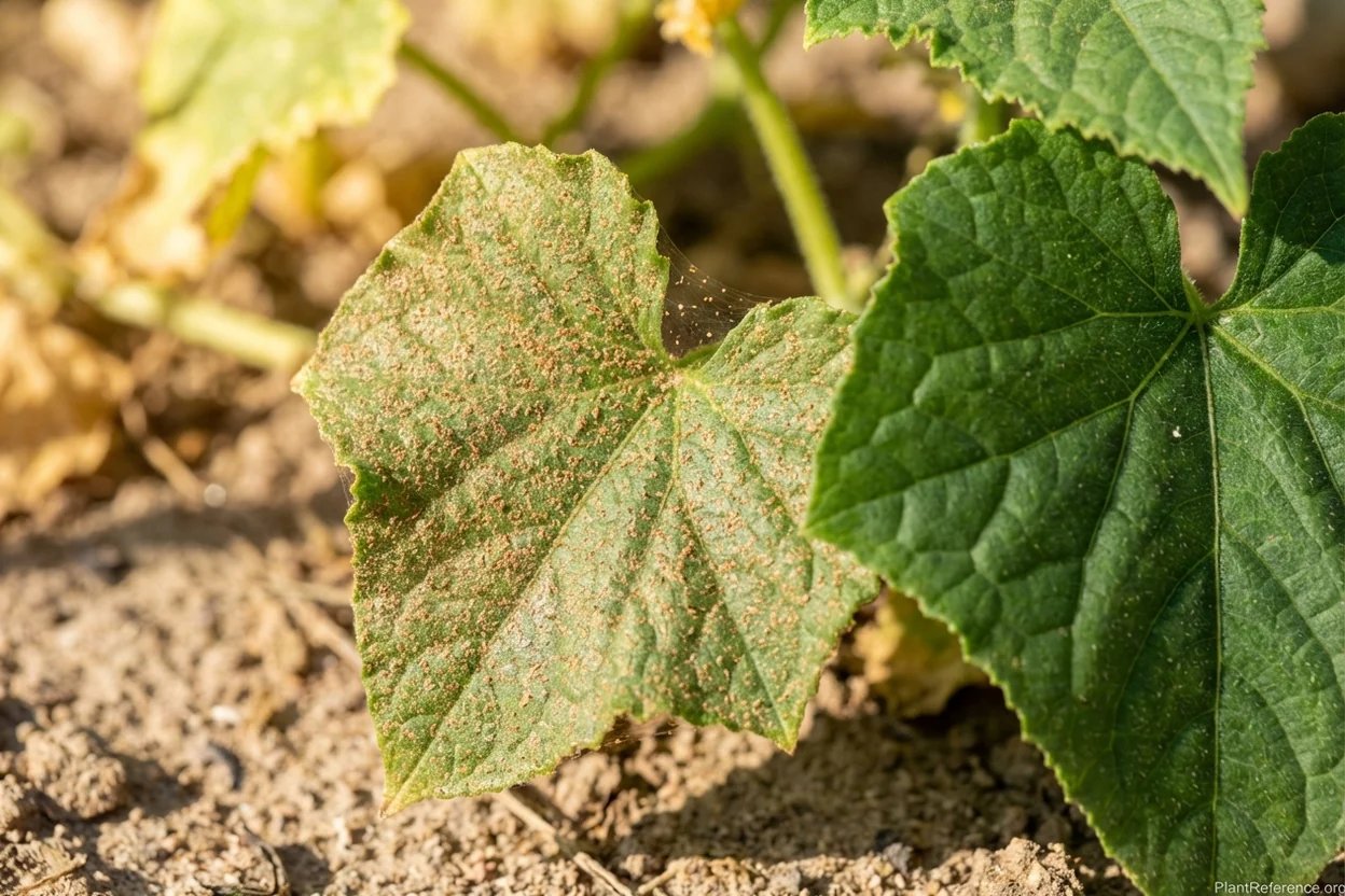Spider mite stippling on cucumber leaf in dry Salt Lake City Zone 7a garden