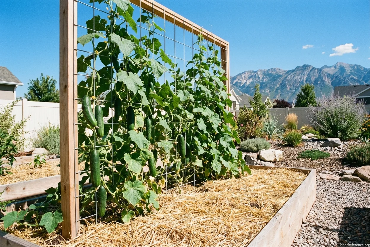 Mulched raised bed with cucumber trellis in Salt Lake City Zone 7a water-wise garden